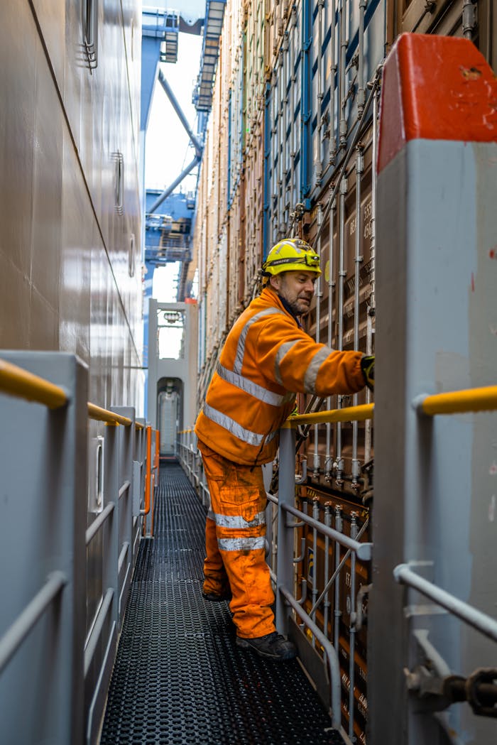 A worker in safety gear manages cargo containers on a ship in Felixstowe port.